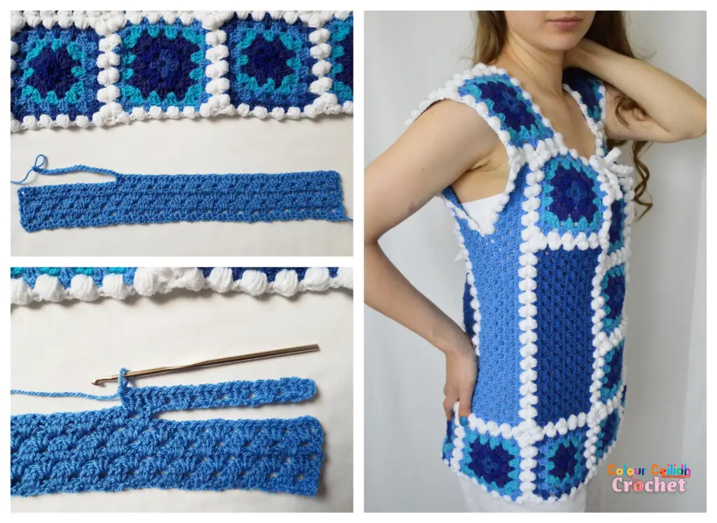 Making the armslit for crochet afghan top january blues