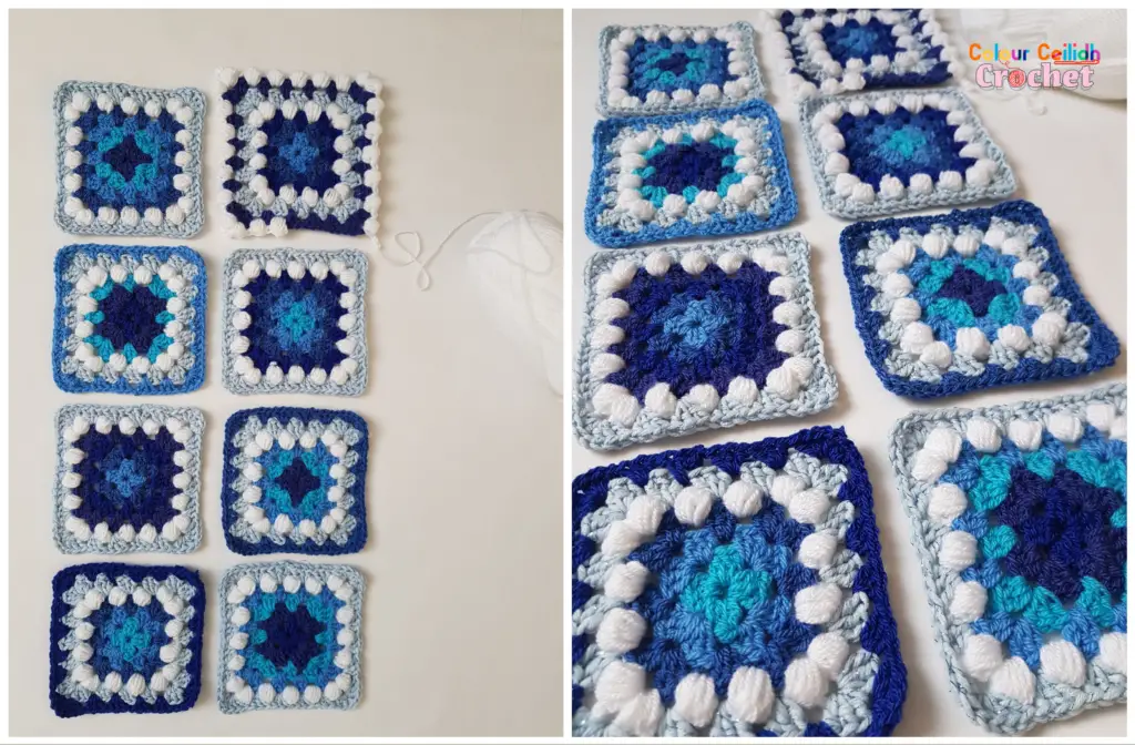 Blue granny square scarf Icy Blues puff stitch