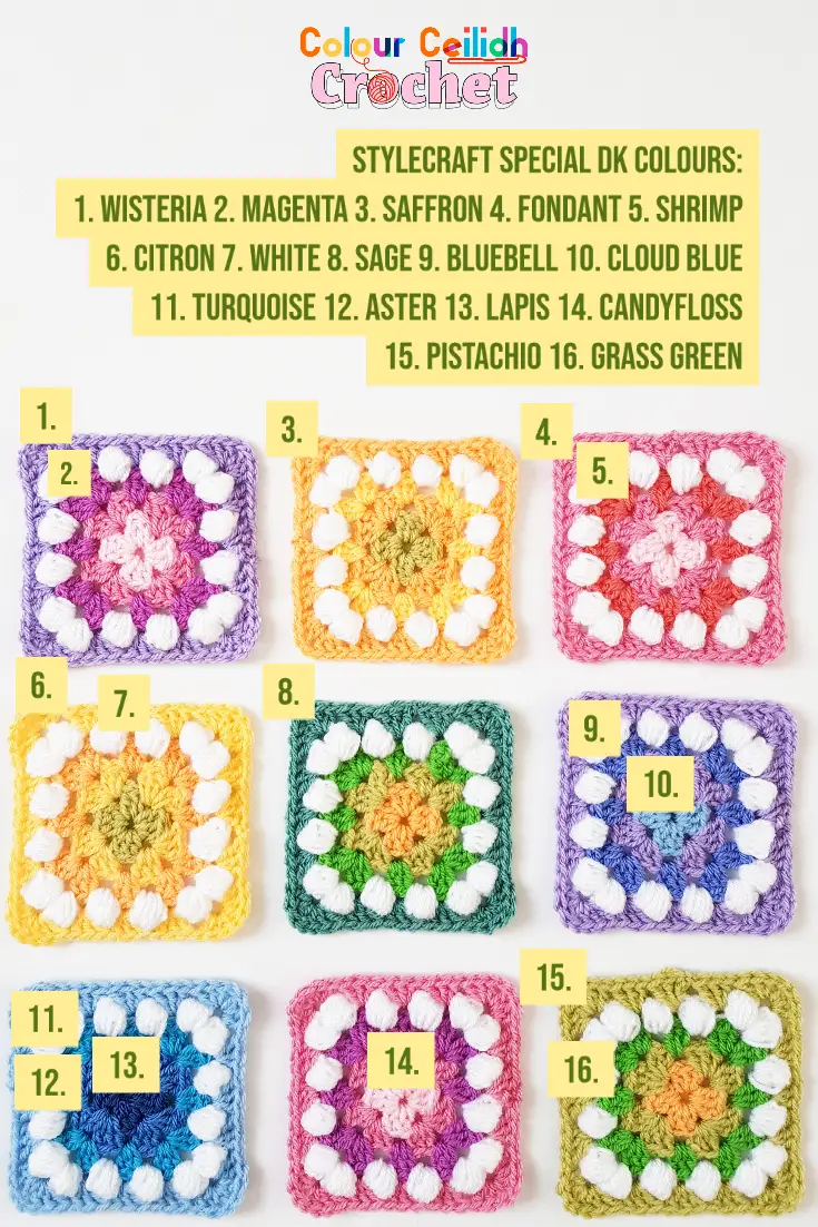 Stylecraft yarn color combinations for my Easter granny squares free crochet pattern and color names.