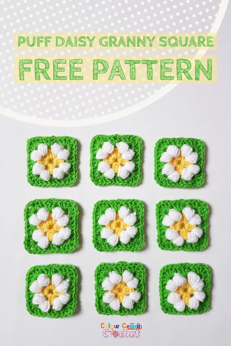 This is an easy crochet puff daisy granny square pattern for a small daisy flower in bright and cheerful colours.