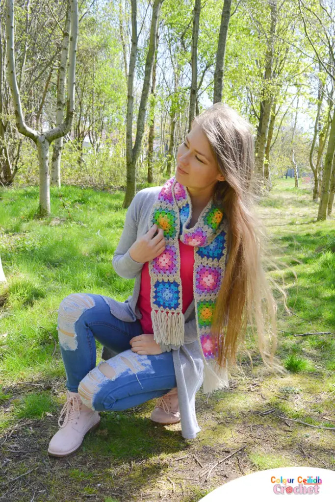 This is an easy granny square scarf crochet pattern with a tassel fringe how to. It's quite long and uses spring crocus flower inspired color combinations in Stylecraft Special DK.
