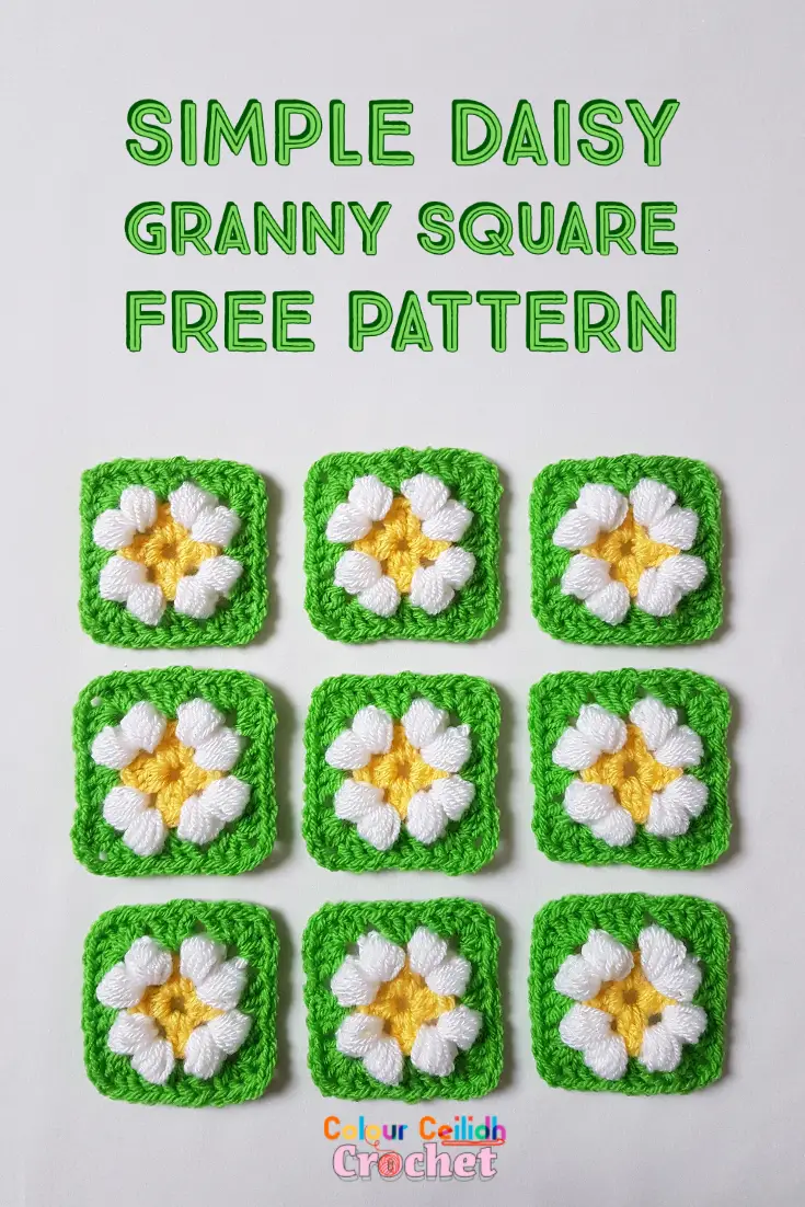 This is an easy crochet puff daisy granny square pattern for a small daisy flower in bright and cheerful colours.