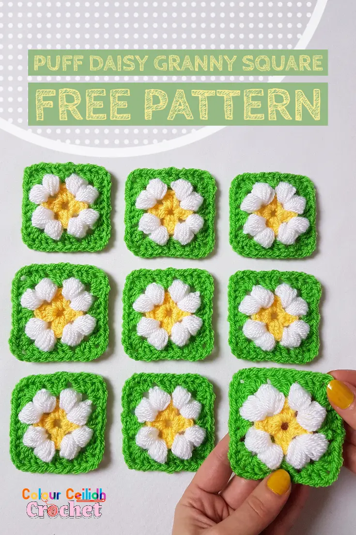 This is an easy crochet puff daisy granny square pattern for a small daisy flower in bright and cheerful colours.