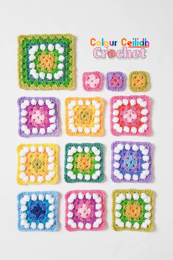 Easy crochet granny squares using the basic granny stitch in beautiful spring colour combinations. Includes the mini granny square pattern. A perfect crochet beginner project!