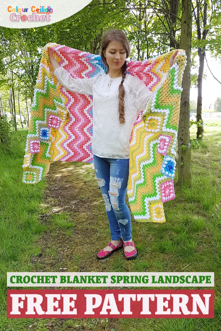 This crochet ripple blanket pattern is great for spring and summer and reminds me of a spring landscape with yellow and pink flowers.