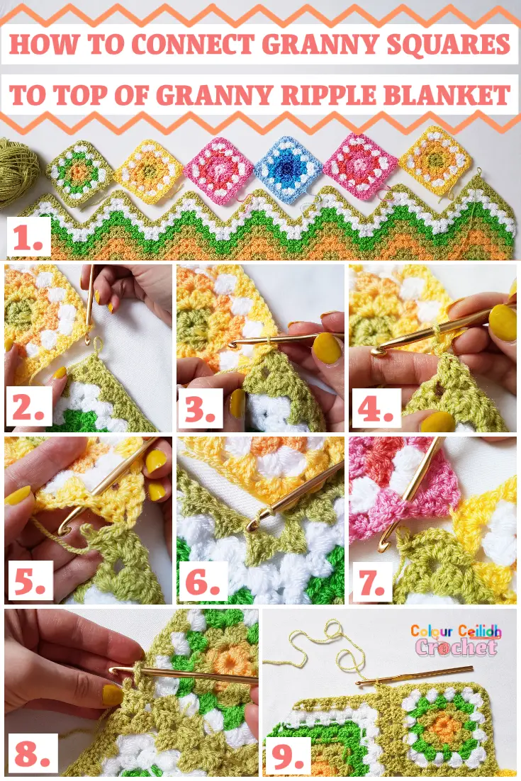 This is a photo tutorial of how to connect granny squares to the top of your granny ripple or chevron crochet blanket with a flat join using just a crochet hook and no extra yarn. This tutorial is a part of my free crochet pattern for my blanket Spring Landscape.  Make this beginner friendly granny ripple afghan to brighten up a sad looking armchair in the corner and to brighten up your day! #crochetblanket #crochetafghan #crochetblanketafghan #crochetblanketpattern #crochetblanketforbeginners