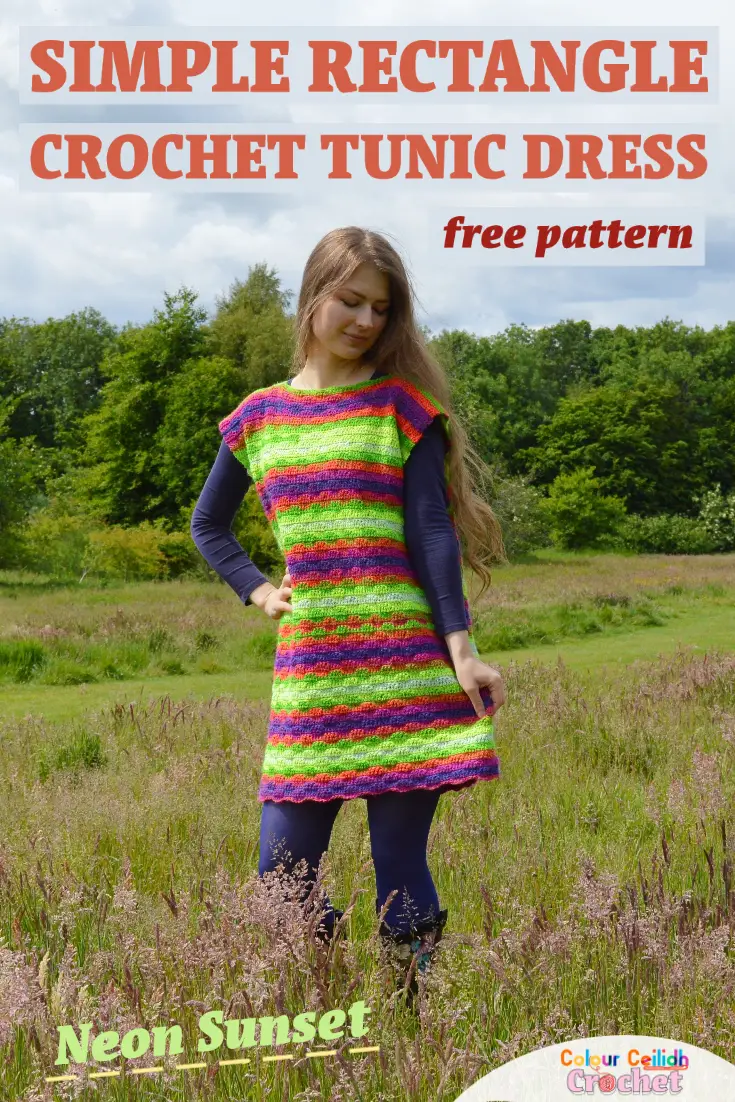 This crochet tunic dress pattern with sleeves is a simple rectangle seamed at the sides and shoulders. Click for the free pattern and diagram. This easy beginner crochet tunic dress only uses single and double crochet stitches to create a subtle wavy stitch pattern to make the usual stripes a little more interesting. I love the super simple shape which looks great as is or you could belt it too. I love how it frames my shoulders and creates loose fitting comfortable sleeves without even trying.