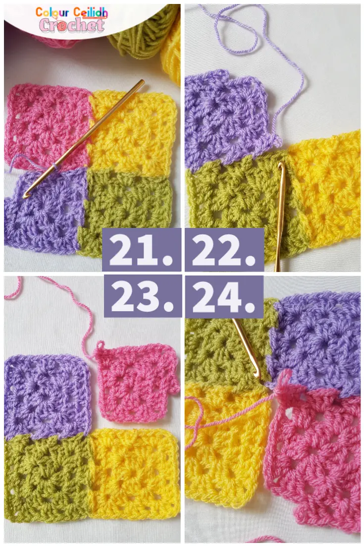 In this photo tutorial you'll learn how to join granny squares as you go with a flat join method in crochet. This is my favorite way of joining granny squares as you go because it creates a smooth, braided look and it feels least confusing to me. You are ready to join your grannies together when you are crocheting your last round (joining round), and you are about to start your third corner's chain-1.