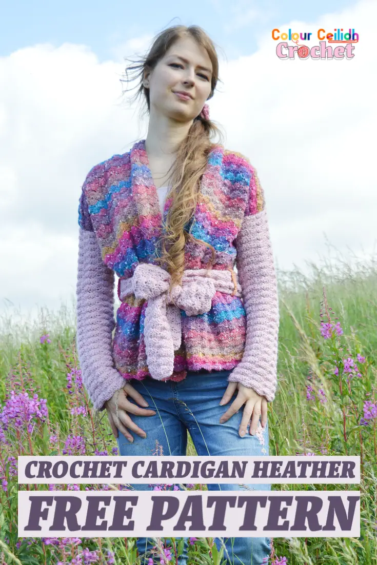 This simple an easy crochet cardigan free pattern in James C. Brett Northern Lights and DK with Merino is named after the romantic Scottish flower heather. The cardigan is made of 3 rectangles seamlessly joined together at the shoulders. This simple yet powerful construction frames your body at the shoulders and your waist with a wide comfortable belt. Easy to make solid shell stitch creates beautifully textured lacy fabric perfect for protecting you from chilly wind while still looking elegant