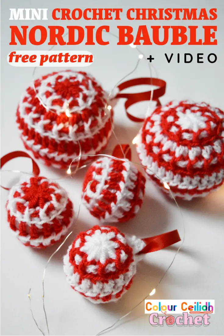 This DIY easy Christmas crochet mini Nordic bauble free pattern makes for a stunning handmade tree decoration for the holidays. Using small amounts of yarn and toy stuffing, featuring the traditional Nordic red and white color combination and the Nordic eight pointed star in the middle this easy crochet Christmas Nordic bauble is a cute addition to your handmade gift collection or your Christmas crochet decorations for your home. What I love most about this pattern is the power of simplicity.