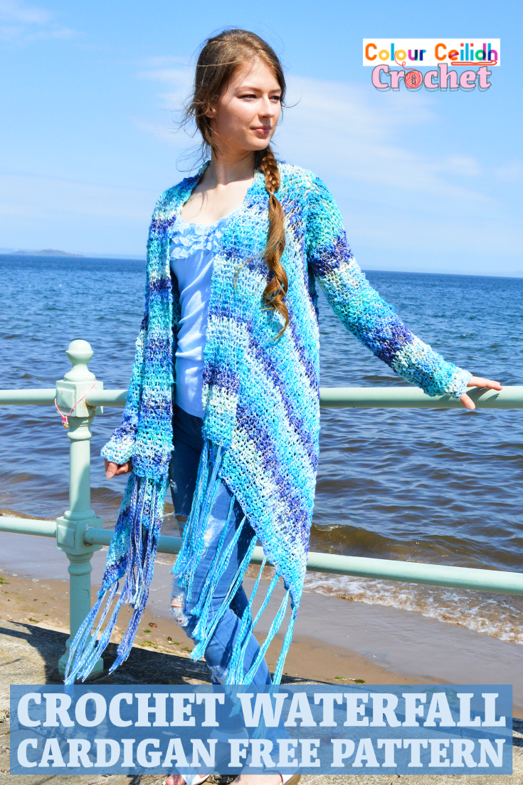 This easy crochet cardigan pattern Waterfall is a free pattern and is perfect for a relaxed summer day at the beach. Using a super simple double crochet stitch, the body is worked in a rectangle and then the sleeves and the tassel fringe are added. The asymmetric hem is playful and fun. Net like stitch, texture that reminds me of the sea waves, blue ocean colors, waterfall drape... What a creative experience! It's like I'm weaving the landscape of the sea around my shoulders. #crochetcardigan