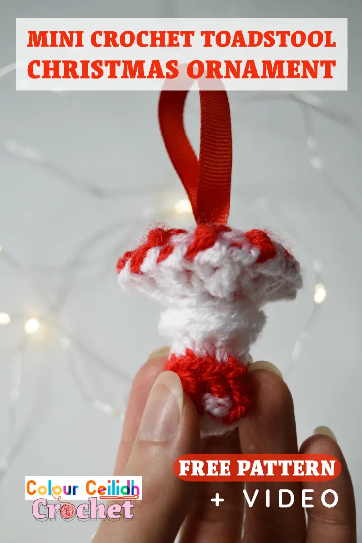 This little crochet toadstool Christmas ornament is a free pattern and is a great gift idea or home decor idea to bring a little charm toy your holiday tree. Featuring a video tutorial and easy basic crochet stitches this pattern is beginner friendly and will work up fast. And you only need tiny amounts of red and white leftover yarn from your stash that you are likely to have at home already which makes things even simpler.