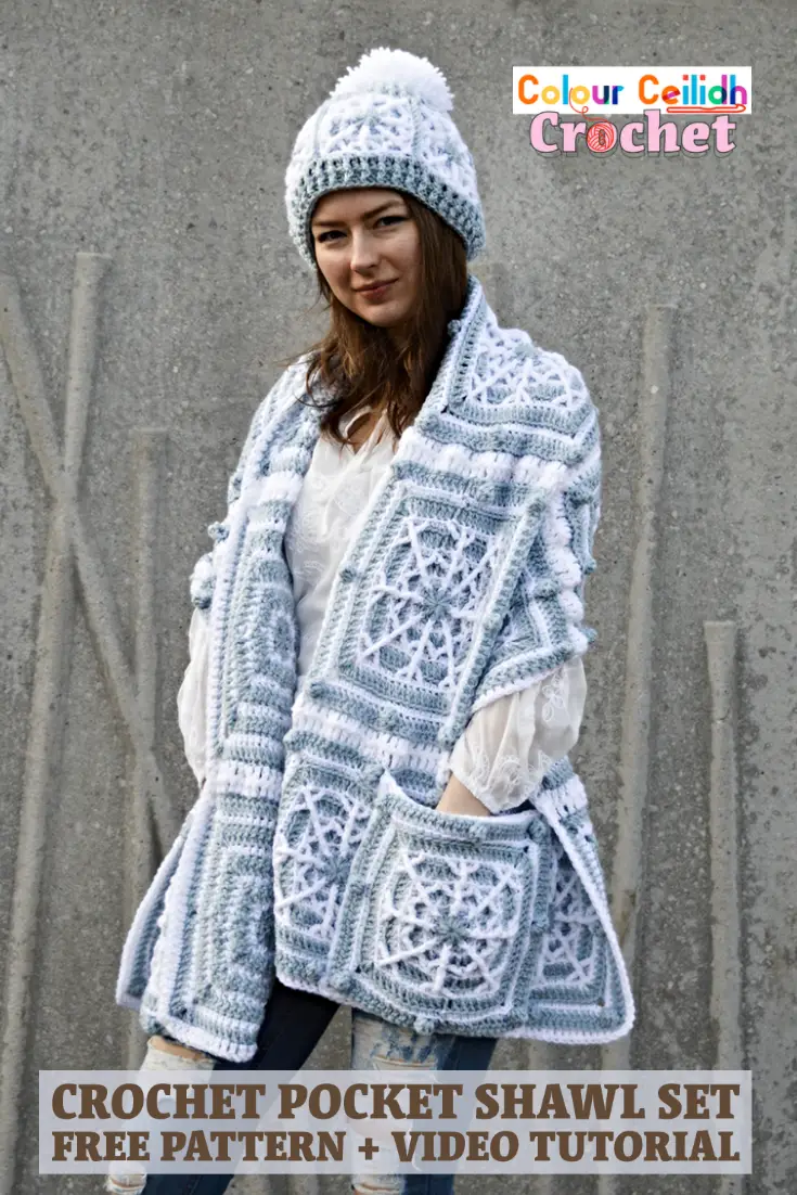 This crochet pocket shawl set includes the snowflake hat and a pair of mittens, all made with my solid non lacy snowflake motif for warmth. The hat is easily completed by adding some ribbing and a large pom pom after you join the motifs. And the mittens have an easy ribbed cuff, a double crochet top with no shaping and a double crochet finger with minimum shaping. The written pattern includes a video tutorial.