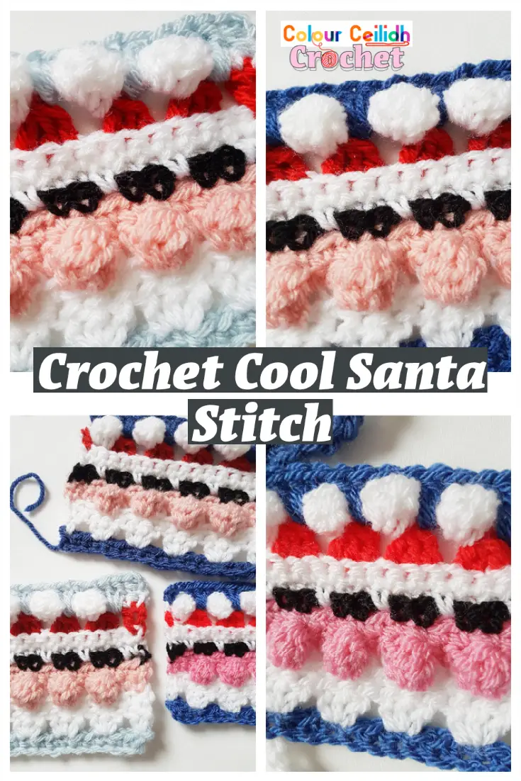 This easy crochet stitch that I call Cool Santa Stitch can be used for your Christmas projects such as granny stitch blankets, textured afghans, festive scarves and novelty neck ties. The stitch is easy and simple because it includes a granny stitch, bobbles, single and double crochet.