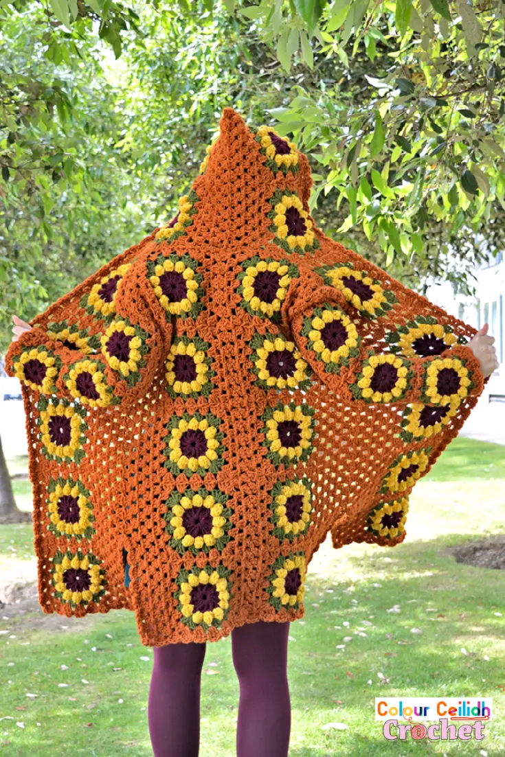 This vintage look crochet sunflower cardigan coat is long, comes with a fairytale style hood & fun side slits. The sunflower granny square is easy to make as it's only 4 rounds. This free pattern comes in 9 sizes & includes a YouTube video tutorial.