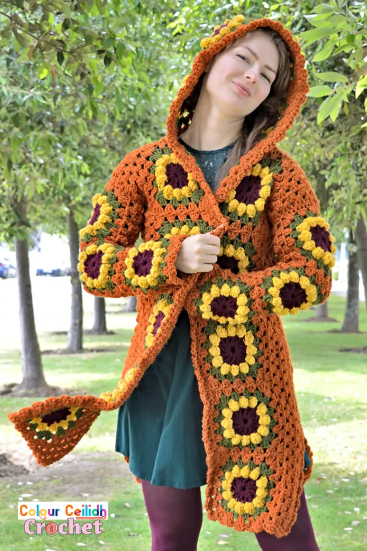 This vintage look crochet sunflower cardigan coat is long, comes with a fairytale style hood & fun side slits. The sunflower granny square is easy to make as it's only 4 rounds. This free pattern comes in 9 sizes & includes a YouTube video tutorial.