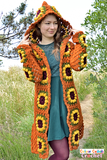 Handmade Multicolored Crochet Sweater With Sunflower Print and