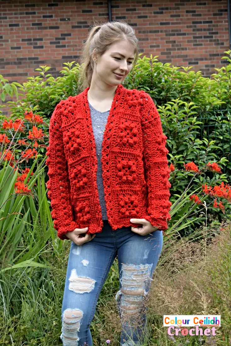 Pick your favourite shade for this easy crochet granny square cardigan which provides surface interest through bobble stitches that look great even when made all in one color. The pattern is free, it comes in 9 sizes & includes a YouTube video as well.