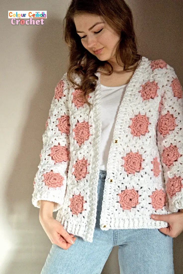 This crochet granny square cardigan is made with crochet rose flower granny squares that are designed to look more natural and artistic, almost like you're looking at pictures of roses. I love how the sleeves don't have a lot of bulk in this cardigan and are so simple. This free pattern has a step-by-step video tutorial, is straightforward & easy to follow and there is no seaming involved if you choose to join as you go.
