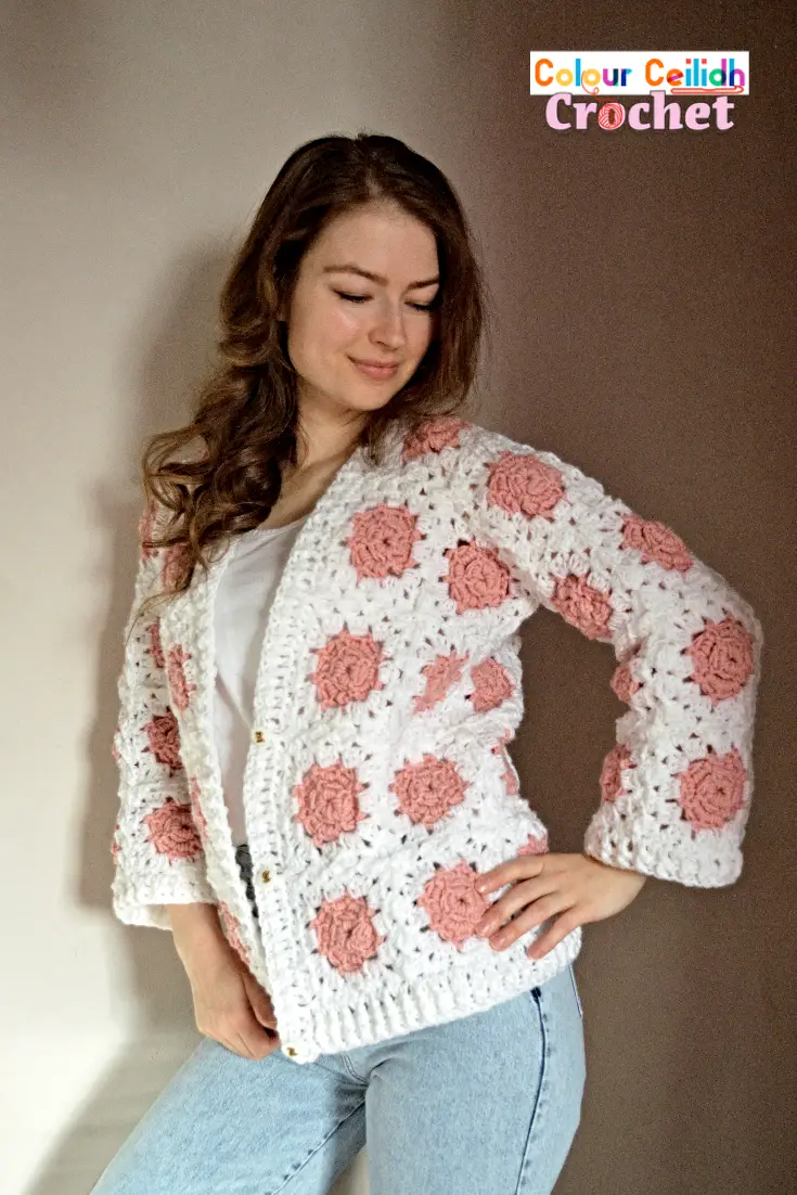 This crochet granny square cardigan is made with crochet rose flower granny squares that are designed to look more natural and artistic, almost like you're looking at pictures of roses. I love how the sleeves don't have a lot of bulk in this cardigan and are so simple. This free pattern has a step-by-step video tutorial, is straightforward & easy to follow and there is no seaming involved if you choose to join as you go.